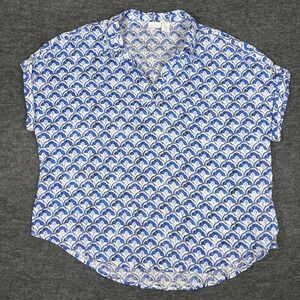 Sigrid Olsen Womens Blue White Scallop 100% Linen Short Sleeve Blouse Size 2X